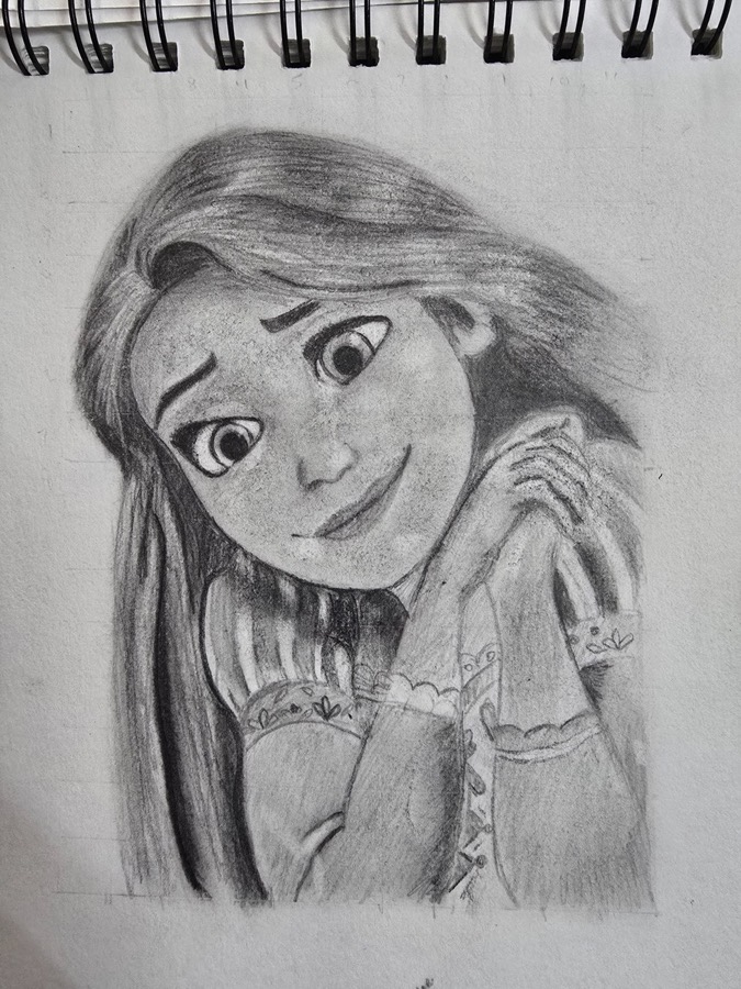 Stylised portrait drawn in pencil by a 9-year-old student