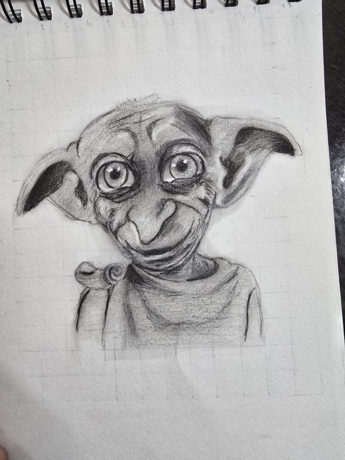 Dobby character drawn in graphite by an 8-year-old student