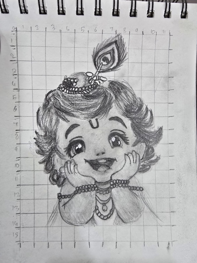 Young Krishna drawn using the grid method by a 10-year-old student
